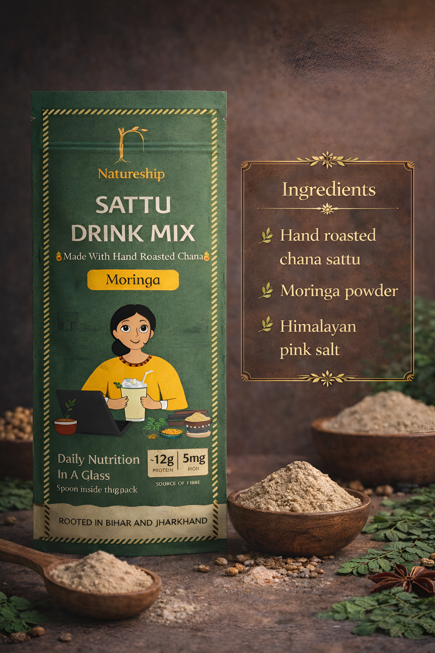 Everyday Health Drink - Hand Roasted Chana Sattu & Moringa | 54gm | Pack of 12 & 21