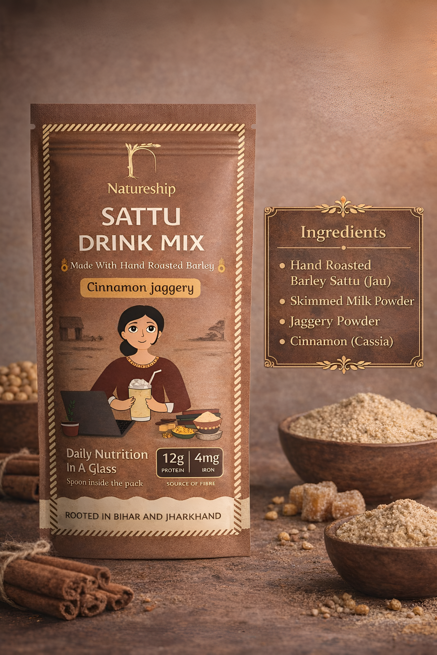 Everyday Health Drink - Hand Roasted Barley Sattu, Jaggery & cinnamon | 49gm | Pack of 12 & 21
