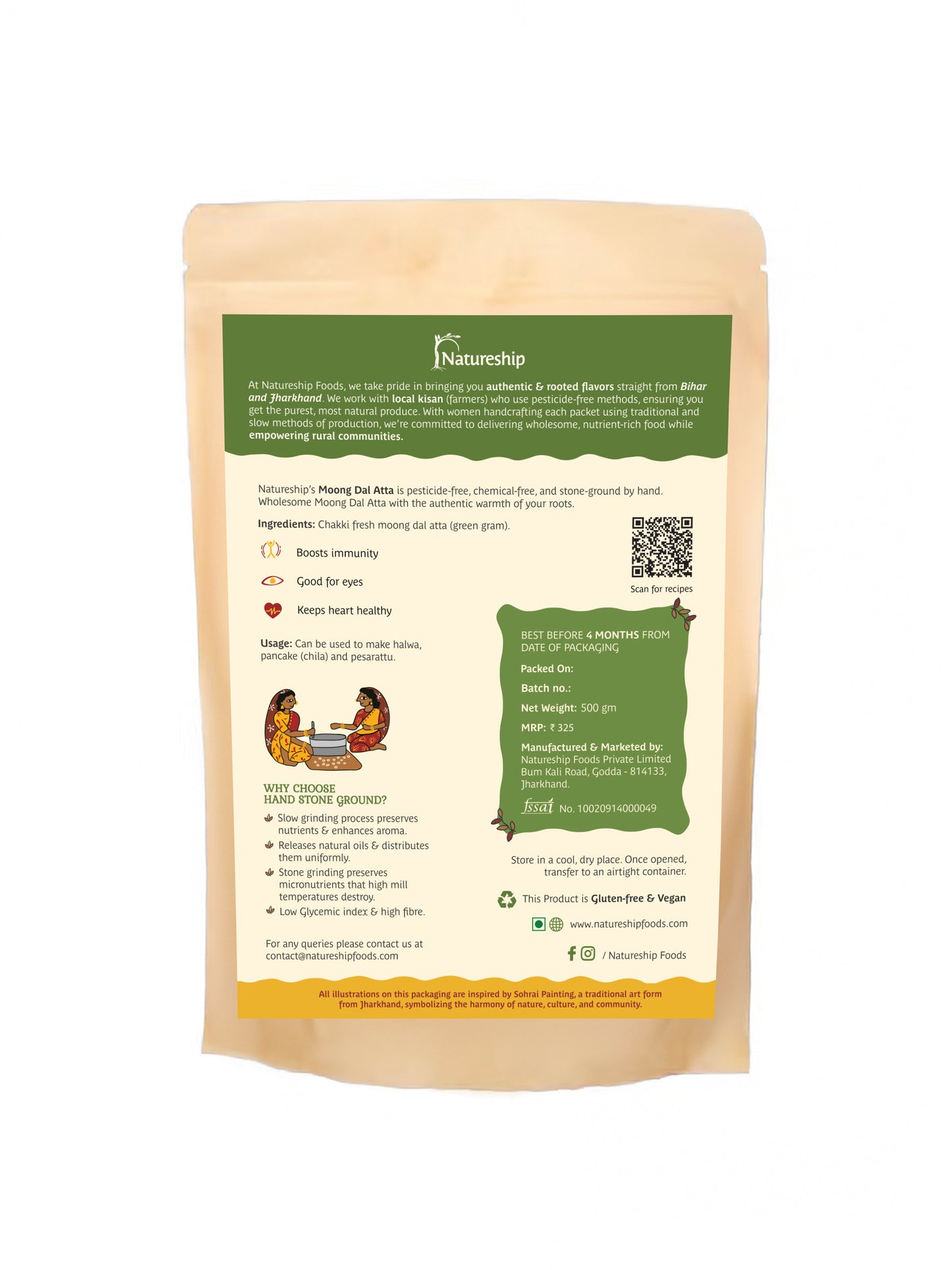 Moong dal flour – | Roasted & Stone-Ground by Hand (45–60 Rotations/Hour) | Chemical free| High Protein| From Bihar & Jharkhand