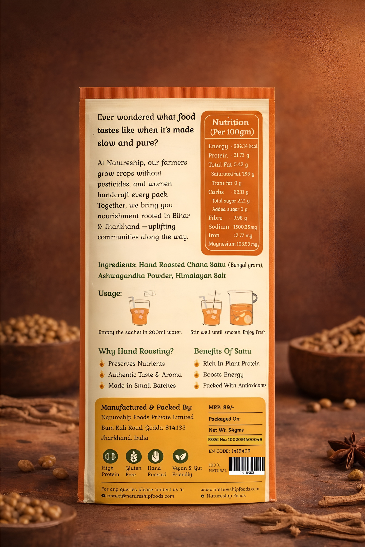 Everyday Health Drink - Hand Roasted Chana Sattu & Ashwagandha | 54gm | Pack of 12 & 21