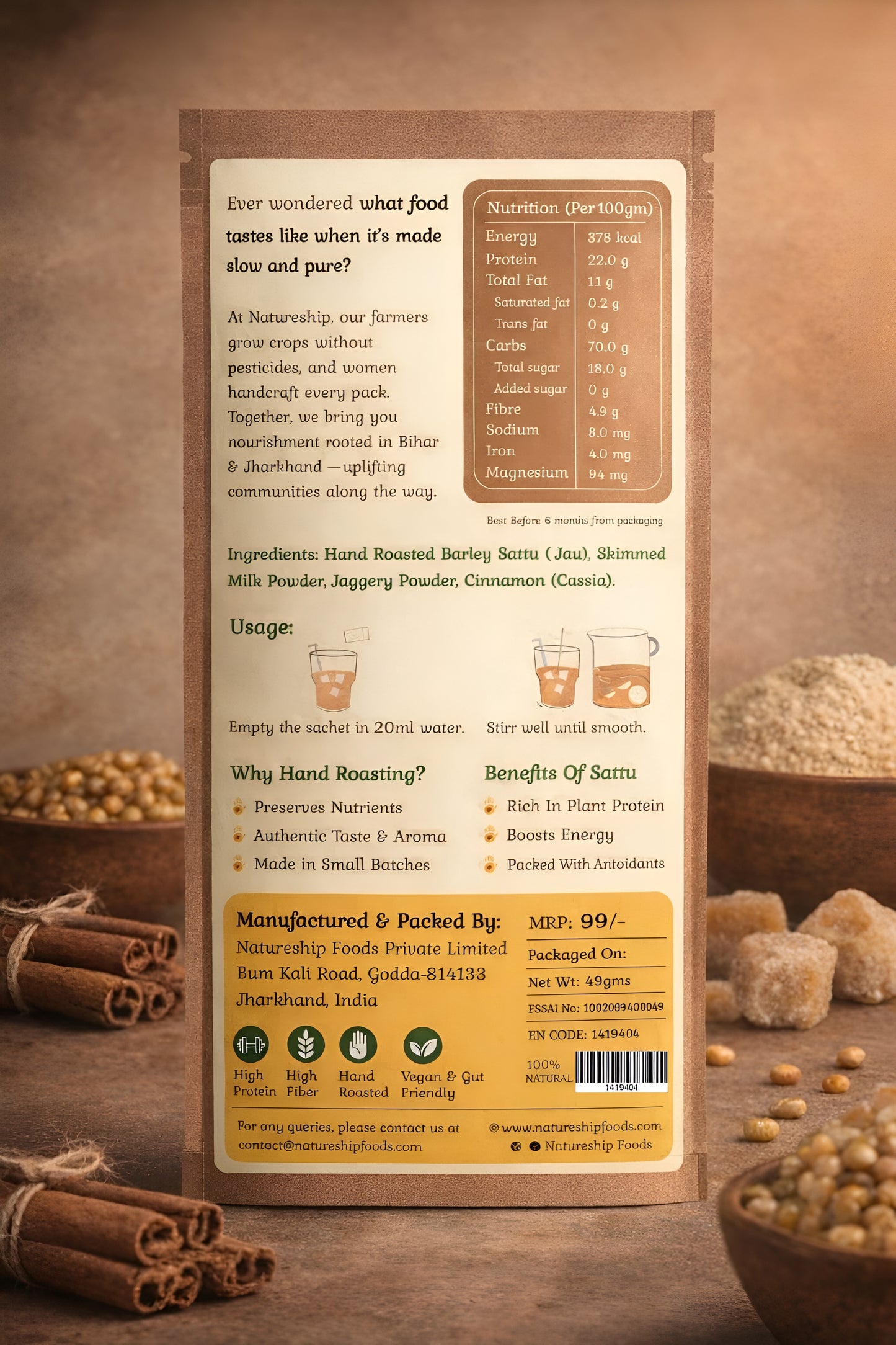 Everyday Health Drink - Hand Roasted Barley Sattu, Jaggery & cinnamon | 49gm | Pack of 12 & 21