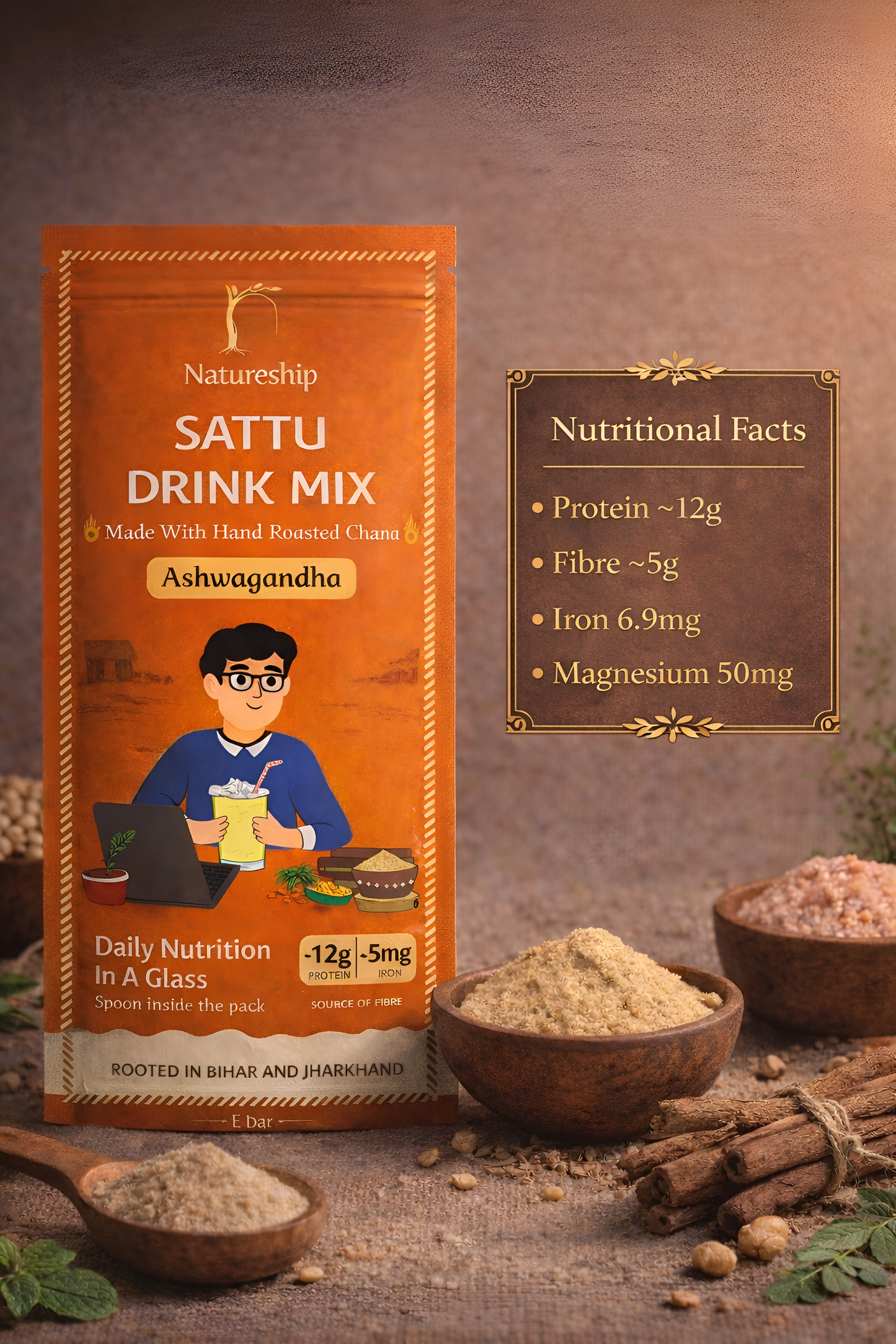 Everyday Health Drink - Hand Roasted Chana Sattu & Ashwagandha | 54gm | Pack of 12 & 21