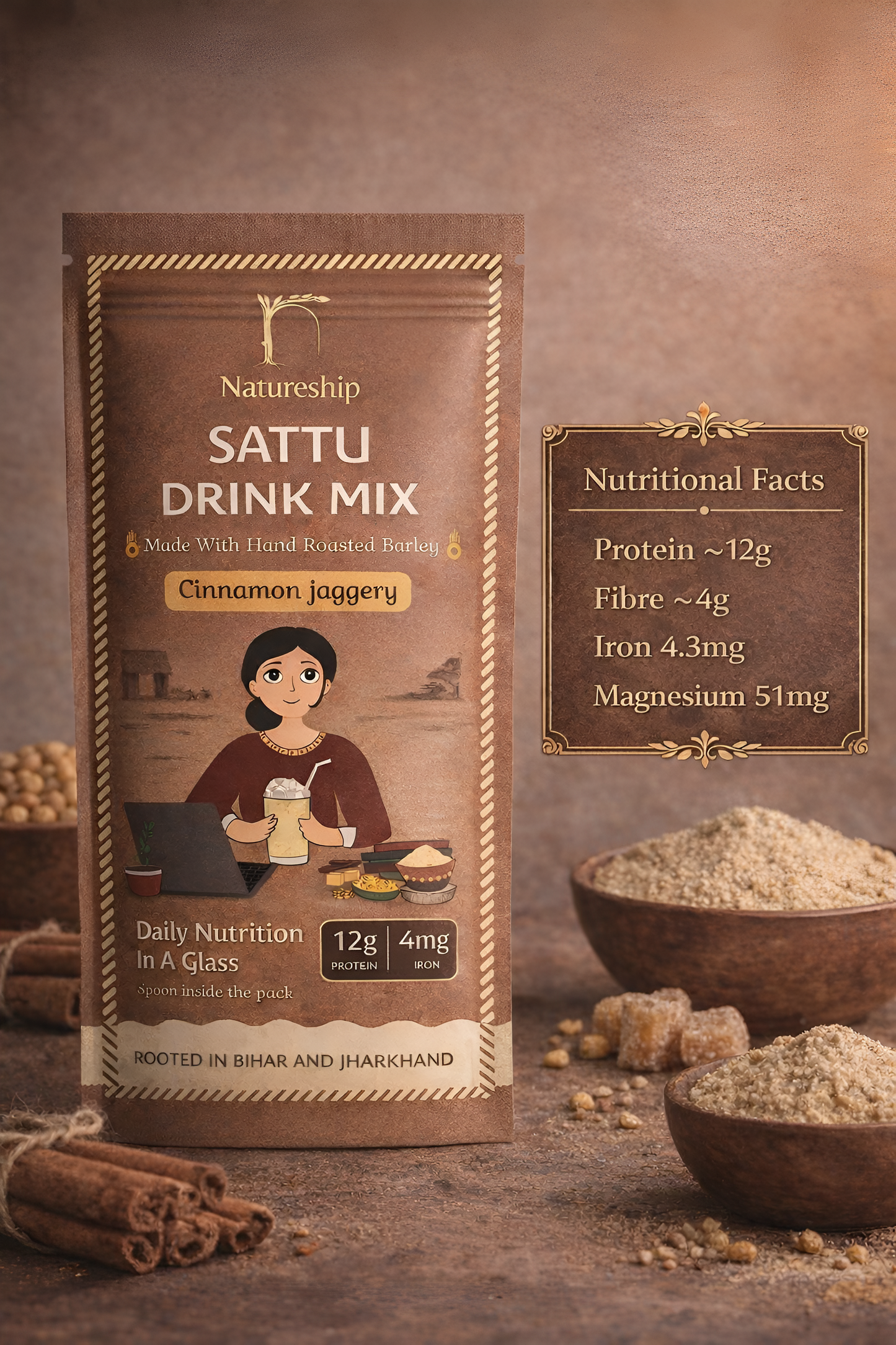 Everyday Health Drink - Hand Roasted Barley Sattu, Jaggery & cinnamon | 49gm | Pack of 12 & 21