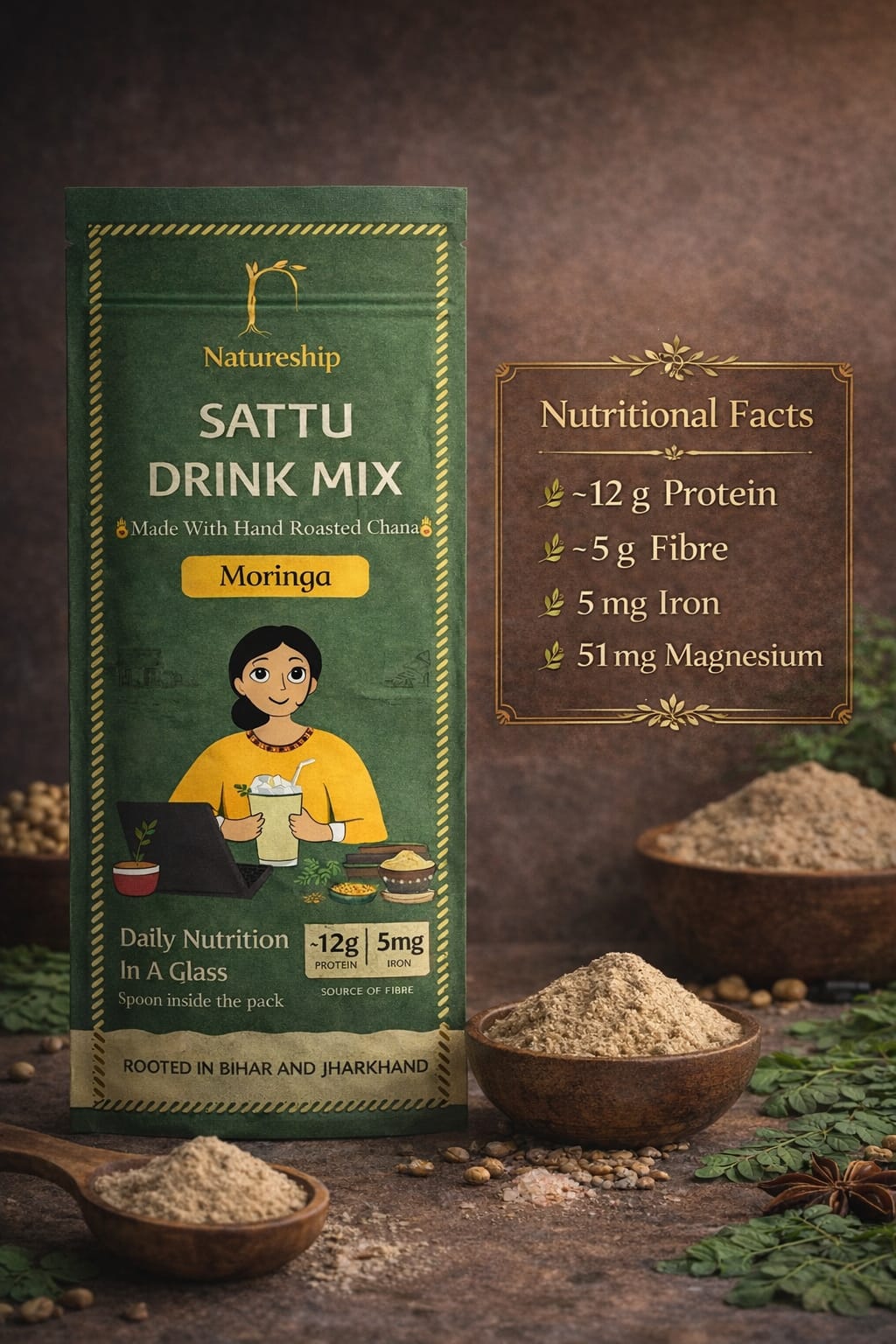 Everyday Health Drink - Hand Roasted Chana Sattu & Moringa | 54gm | Pack of 12 & 21