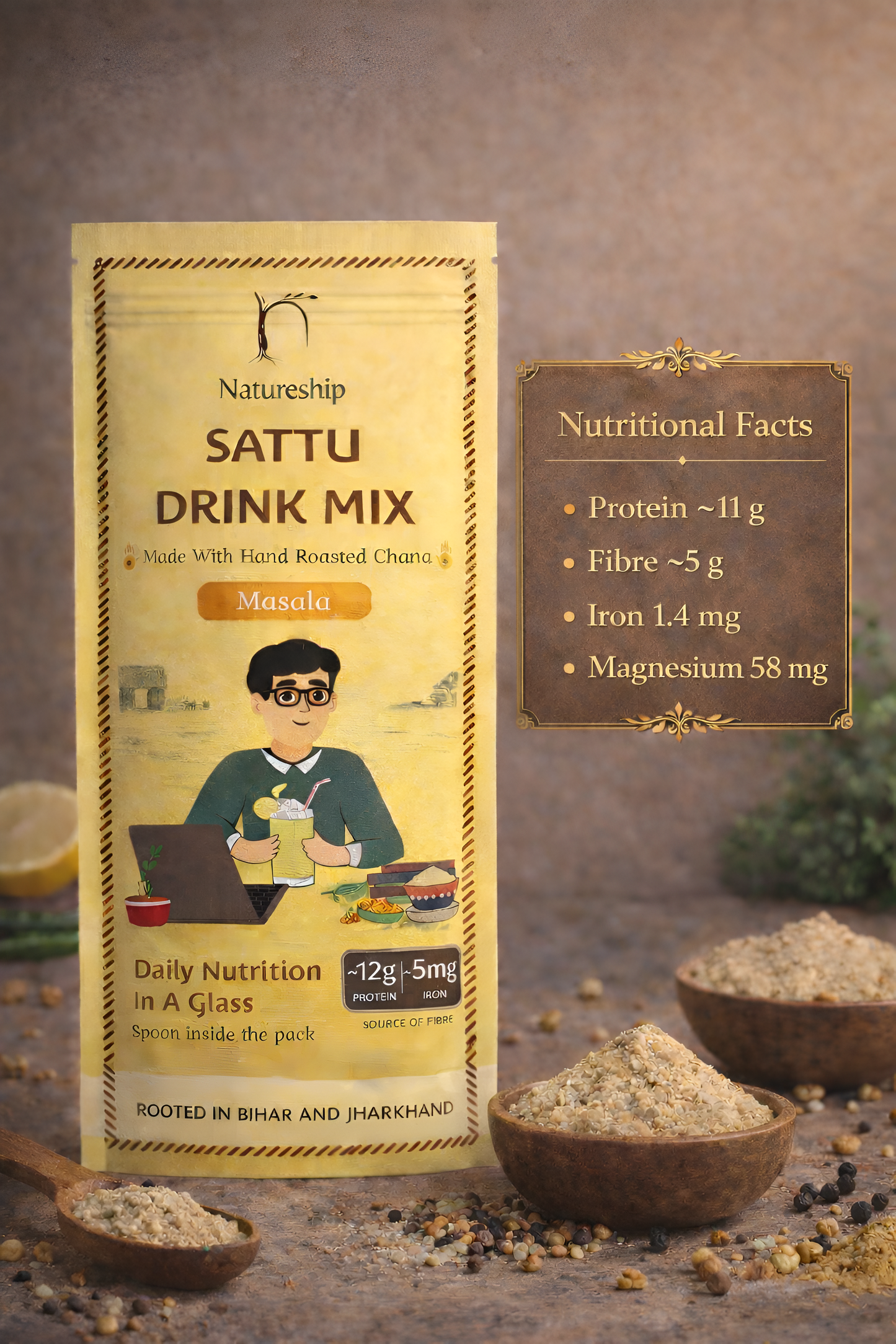 Everyday Health Drink - Hand Roasted Chana Sattu & Masala | 54gm | Pack of 12 & 21