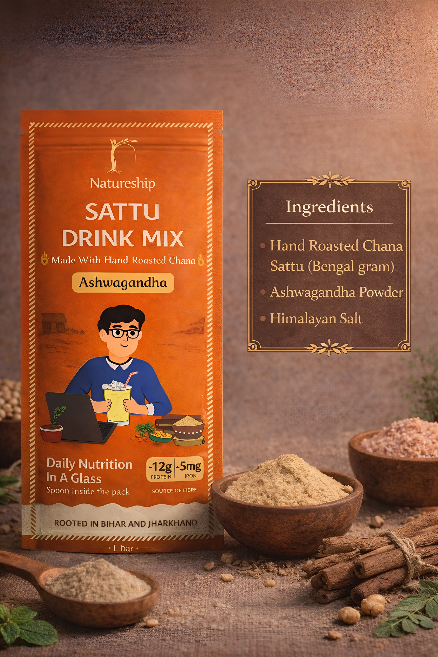 Everyday Health Drink - Hand Roasted Chana Sattu & Ashwagandha | 54gm | Pack of 12 & 21