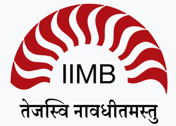 Official red and white logo of Indian Institute of Management Bangalore (IIMB) featuring a semi-circular sunburst graphic, the acronym IIMB in black, and the Sanskrit motto Tejasvi Navadhitamastu in Devanagari script below.