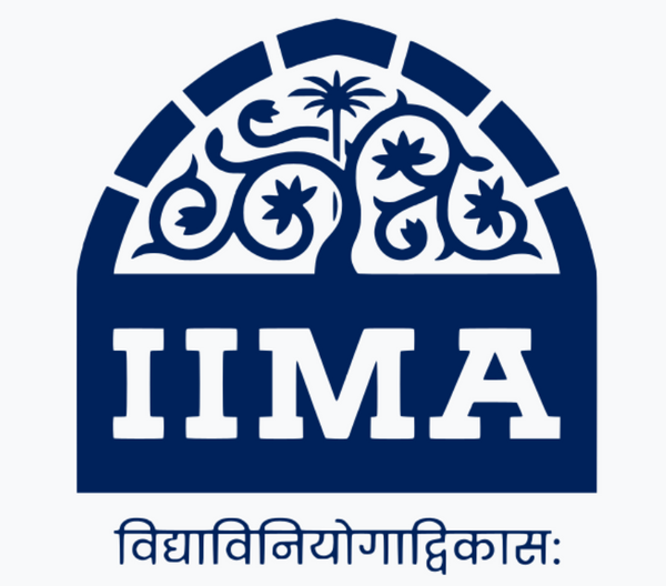 Official blue logo of IIM Ahmedabad featuring the iconic Tree of Life lattice design, the acronym IIMA, and its Sanskrit motto.