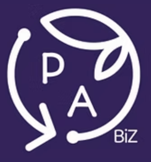 Planet Alba BiZ official logo featuring a purple circular badge with white stylized letters P and A enclosed by recycling-style arrows and a leaf emblem, with BiZ written at the bottom right